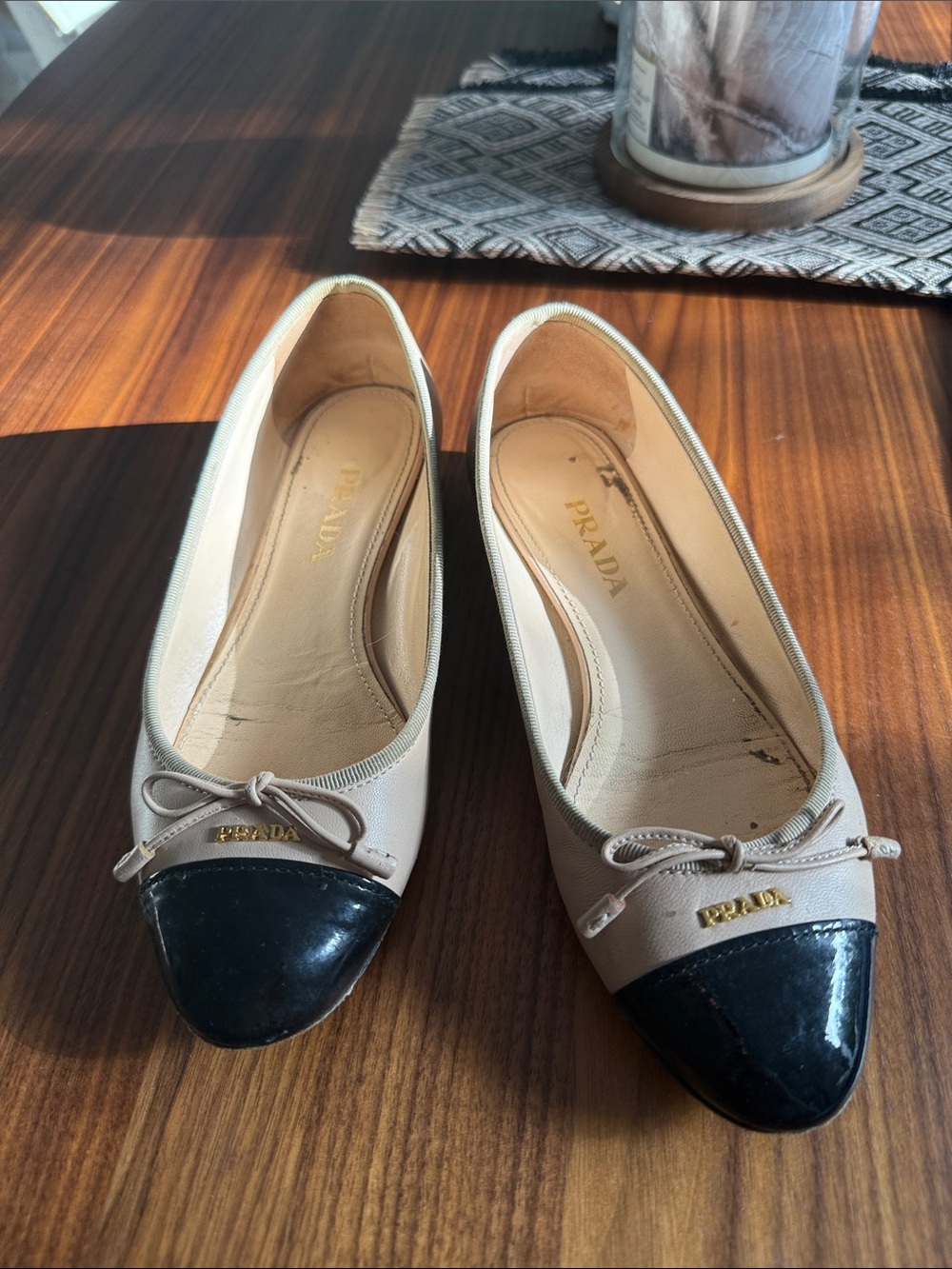 Prada Beige Leather Ballet Flats with Black Patent Cap Toe